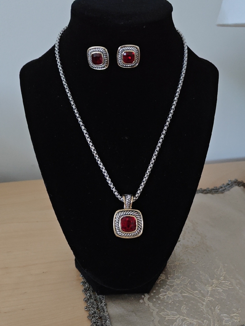 Two Tone Red Siam Crystal Square Pendant Box Chain with Matching Earrings, NWT